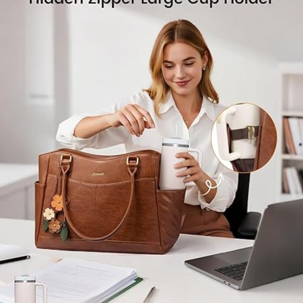 LOVEVOOK Vintage Leather Laptop Tote • Work & Office Bag - Picture 4 of 6